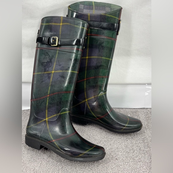 Ralph Lauren Women’s Tall Rain Boots 8 Black Green Plaid Tartan Check Buckle - Picture 1 of 10